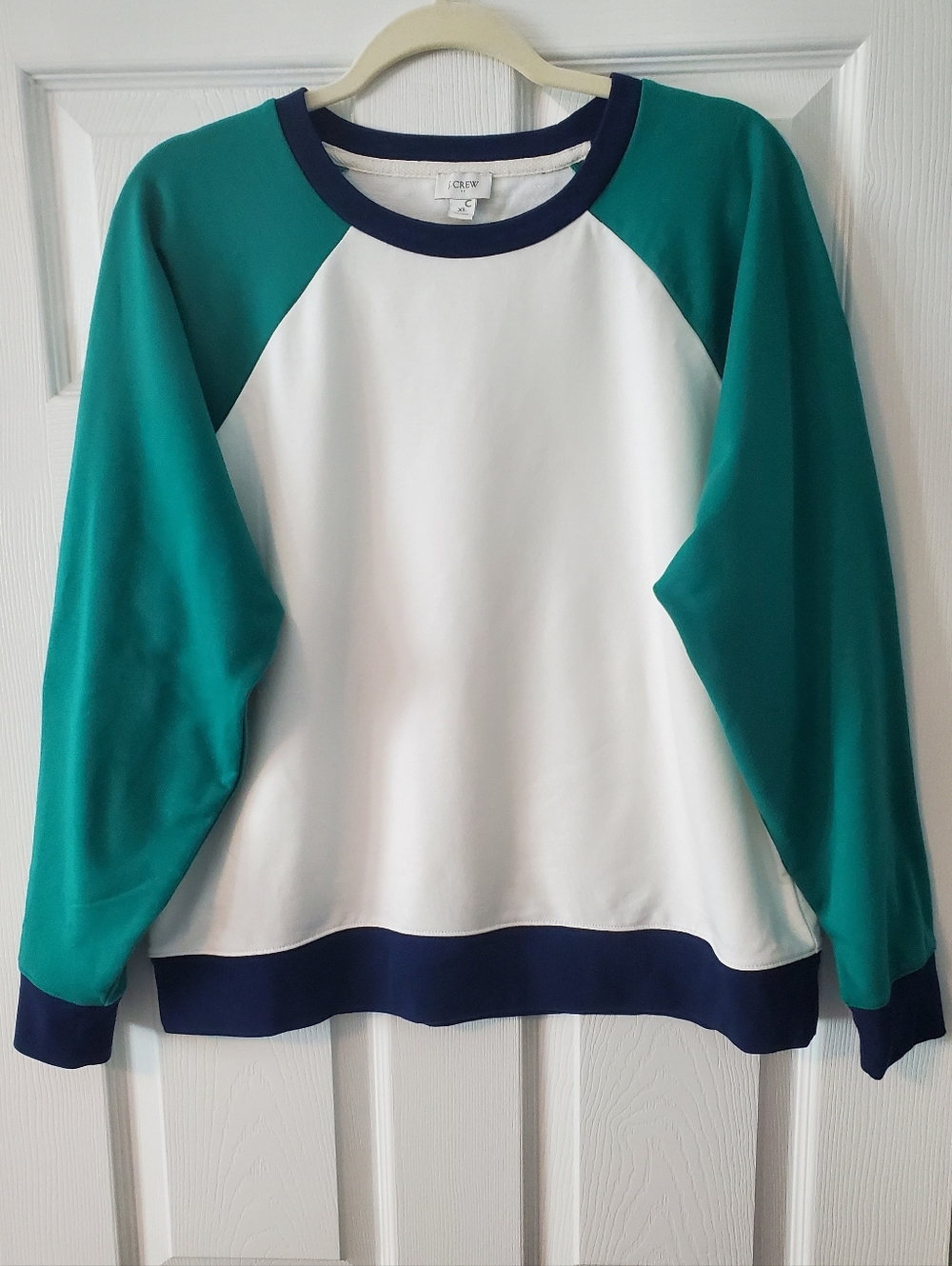 J. Crew White and Teal Raglan Crewneck Sweatshirt with Navy Trim